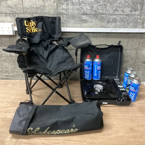 Shakespeare Ugly Stik Jnr Folding Camp Chair, Escape Portable Gas Stove With 5 x 220g Butane Gas Cartridges (3 Used)
